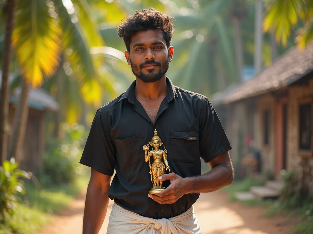 Create a 3D picture showing Lord Ram coming back to Ayodhya with a bow and arrow on his back. People happily welcome him with flowers, seeking blessings, A teenager in a saffron T-shirt, prays to Lord Ram with his hands joined in front of lord Ram. His name "naveen" is written on his T-shirt with bold white letters. In the background, you can see the newly built Ram's Temple standing proudly.c