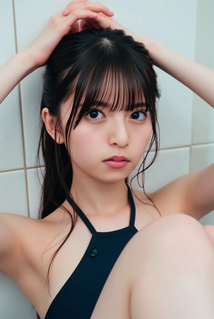 Photo quality,Masterpiece,Realistic,(14 year old cute Japanese girl:1.9),(Detailed young face:1.9),(Very embarrassed look:1.9),(Thin legs,whole body:1.9),((Wear a cute bikini:1.9)),(Random perspective shots),((Disheveled Hair:1.9)),(Inner thigh visible:1.9),((Droopy eyes:1.9)),((Body type of a 14 year old girl,Small Tits:1.9)),(Medium-long hairstyle:1.9),((Skinny Legs)),Very pale skin,Show your forehead,Detailed body,Detailed hands,No makeup