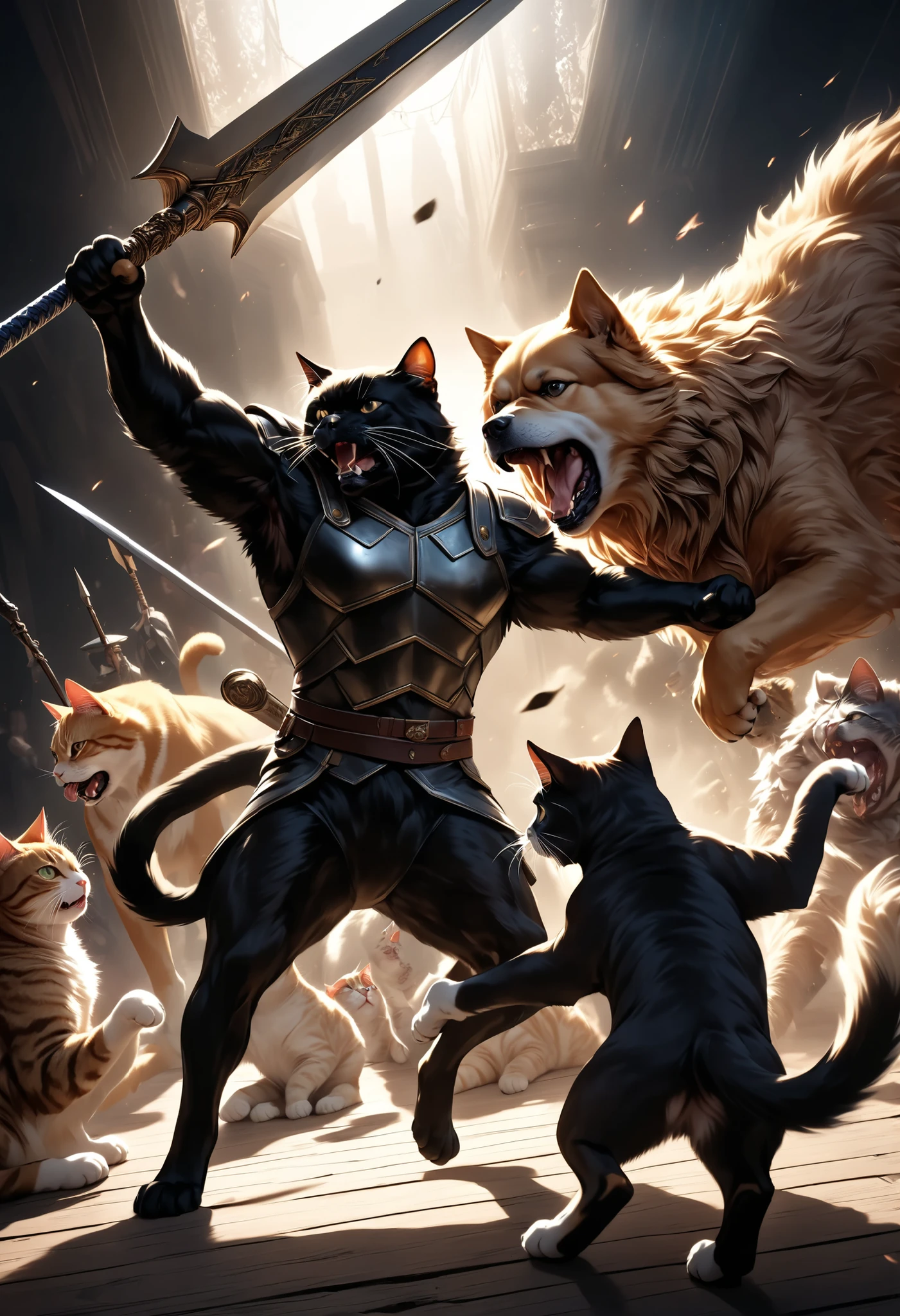 Aesthetically beautiful, intricately realistic anime-style animal war scene, A dynamic, violent, and violent all-out war between a dog and a cat with a furry texture, (A powerful composition of a dog and a cat glaring at each other with realistic fur textures, (An angry dog swinging a spear in both hands, A dignified cat holding a sword in one hand and defending with a shield)), Immersive high-contrast shadows, Dark and Fantastic Atmosphere, Realistic metallic textures, 4K HIGH DEFINITION, Outstanding textures and shadows, Ultimate Realism, Professional quality, Vivid and Deep Colors, gorgeous colors