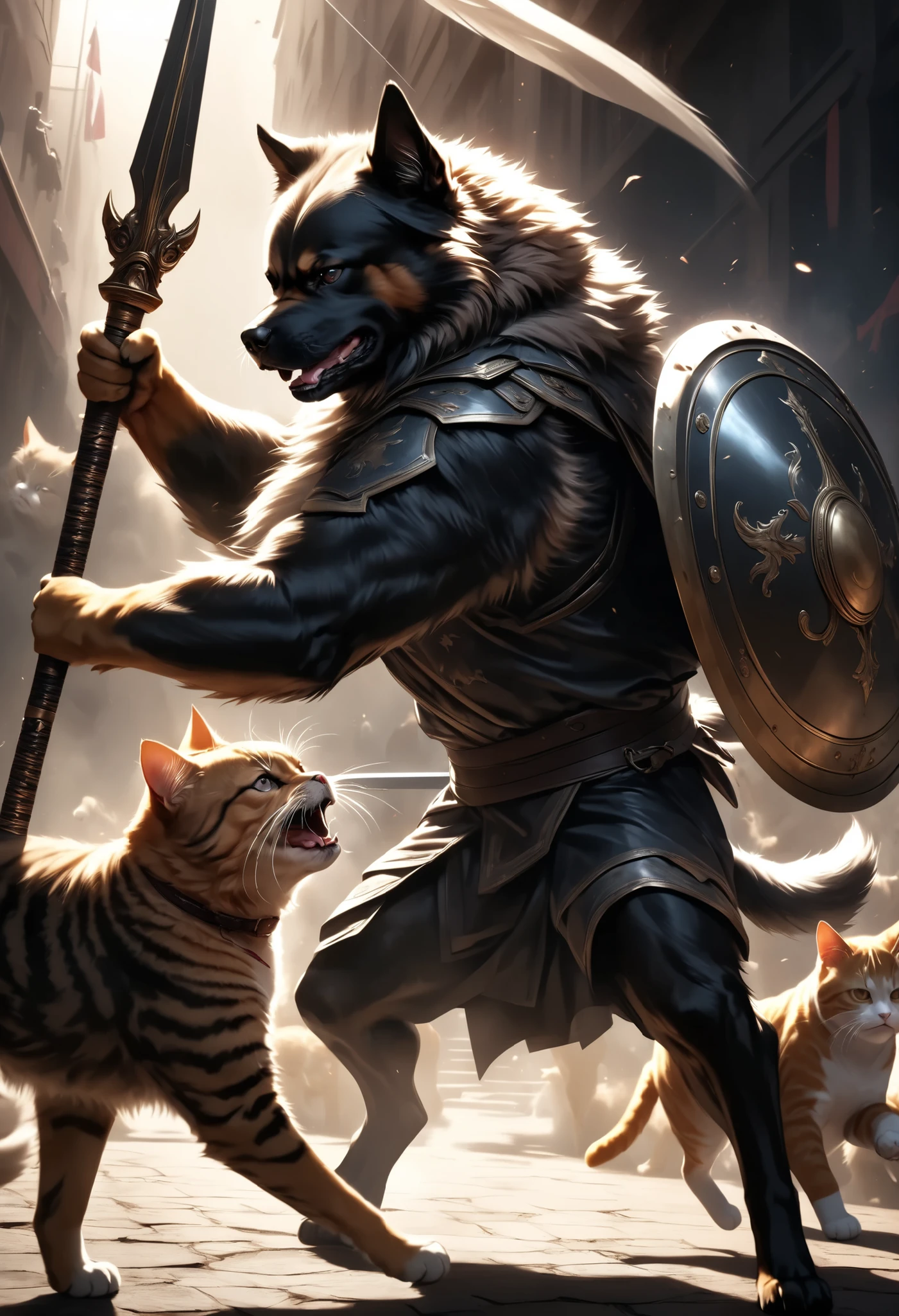 Aesthetically beautiful, intricately realistic anime-style animal war scene, A dynamic, violent, and violent all-out war between a dog and a cat with a furry texture, (A powerful composition of a dog and a cat glaring at each other with realistic fur textures, (An angry dog swinging a spear in both hands, A dignified cat holding a sword in one hand and defending with a shield)), Immersive high-contrast shadows, Dark and Fantastic Atmosphere, Realistic metallic textures, 4K HIGH DEFINITION, Outstanding textures and shadows, Ultimate Realism, Professional quality, Vivid and Deep Colors, gorgeous colors