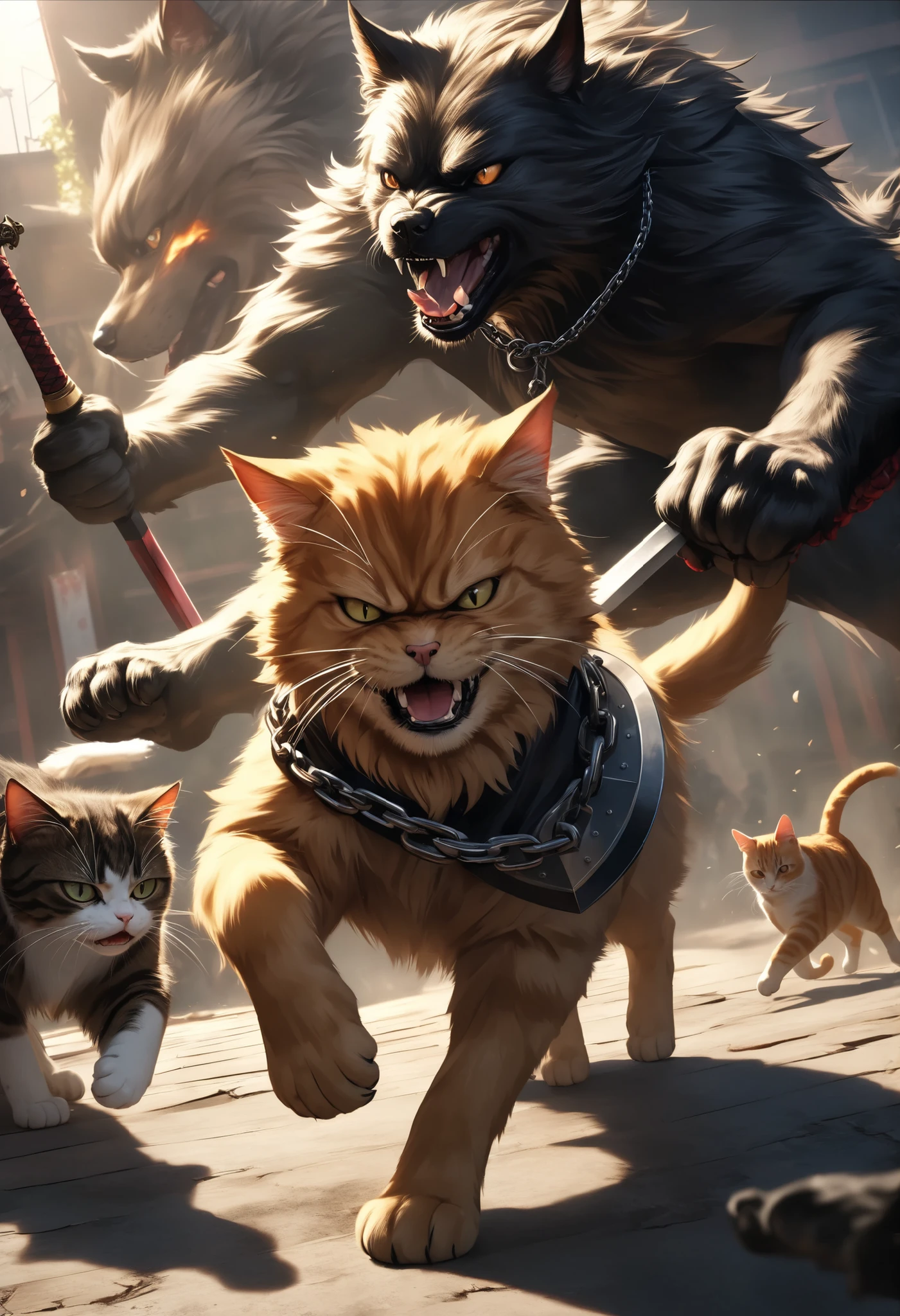 
Aesthetically beautiful, intricately realistic anime-style animal war scene, A dynamic, violent, and violent all-out war between a dog and a cat with a furry texture, (A powerful composition of a dog and a cat glaring at each other with realistic fur textures, (An angry dog swinging a spear in both hands, A dignified cat holding a sword in one hand and defending with a shield,) The ninja cat is wearing a chain), Battle scene of a cat confronting a dog, Immersive high-contrast shadows, Dark and Fantastic Atmosphere, Realistic metallic textures, 4K HIGH DEFINITION, Outstanding textures and shadows, Ultimate Realism, Professional Quality, Vivid and Deep Colors, gorgeous colors