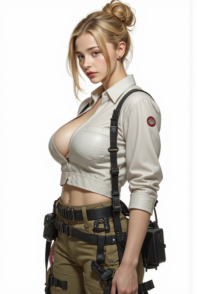 blonde, brown uniform, sheriff woman, exposed cleavaged, bra visible, half undone shirt, wearing a tie, ponytail, nerd, on her knees