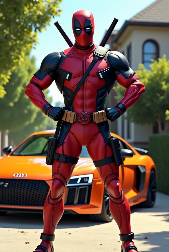 Generate me deadpool with a lambo with lots of waves with jewels and diamonds and big chains and big rings and golden weapons