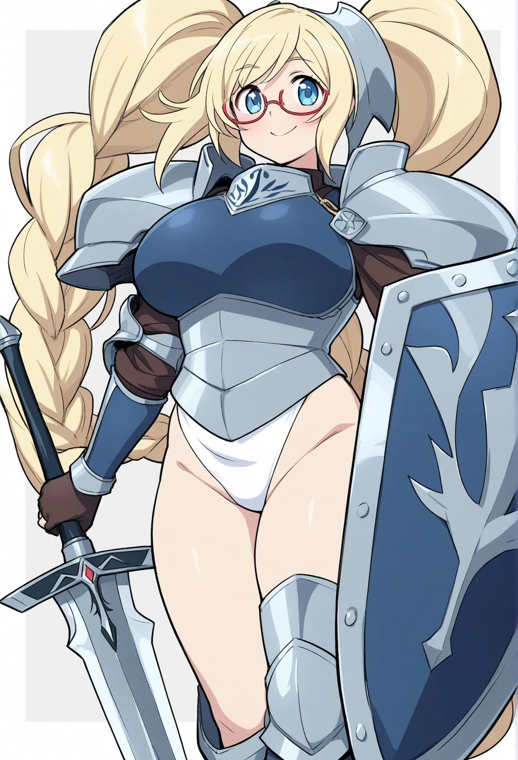 _asura style, 1girl, armor, blonde_hair, bikini_armor, weapon, breasts, sword, cape, navel, helmet_removed, braid, large_breasts, blush, holding, holding_helmet, holding_weapon, cleavage, gauntlets, knight, holding_sword, heart, yellow_eyes, cloak