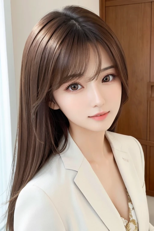 (highest quality、Tabletop、8k、Best image quality、Award-winning works)、One Girl, Close-up shot of face, Front view, Young and cute girl in Japan, Long Bob Hair, night、Standing in her room, White polyester collared shirt, Super cute face, Glossy lips, Double eyelids on both eyes, Natural Makeup, shiny smooth light brown hair of Long Bob Hair, Asymmetrical bangs, High resolution, High detail, Detailed hairstyle, Detailed face, Cinema Lighting, Octane Rendering, Ultra-realistic, Perfect Anatomy