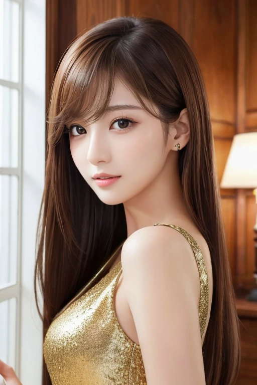 Realistic:1.2,(masterpiece,Highest quality)，,((一人のwoman:1.2)),20-year-old,Tight waist,Big Hips,Perfect ???????, Brown Hair, Wavy Hair,Random Hairstyles,Big beautiful breasts,((Highly detailed face and eyes))(Cute face:1.4)，Beautiful actress face，Perfect golden ratio face，Random sexy poses，smile、woman&#39;Suitini Skirt、garter belt、Accentuate your butt