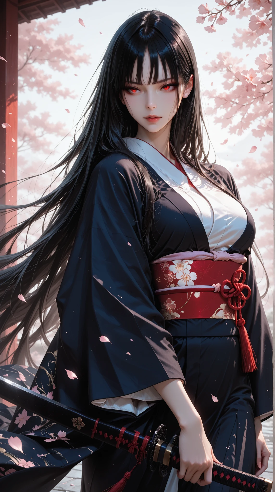 beautiful woman in kimono , sharp gaze, Long Black Hair Flowing in the Wind , Japanese sword, Fluttering Petals