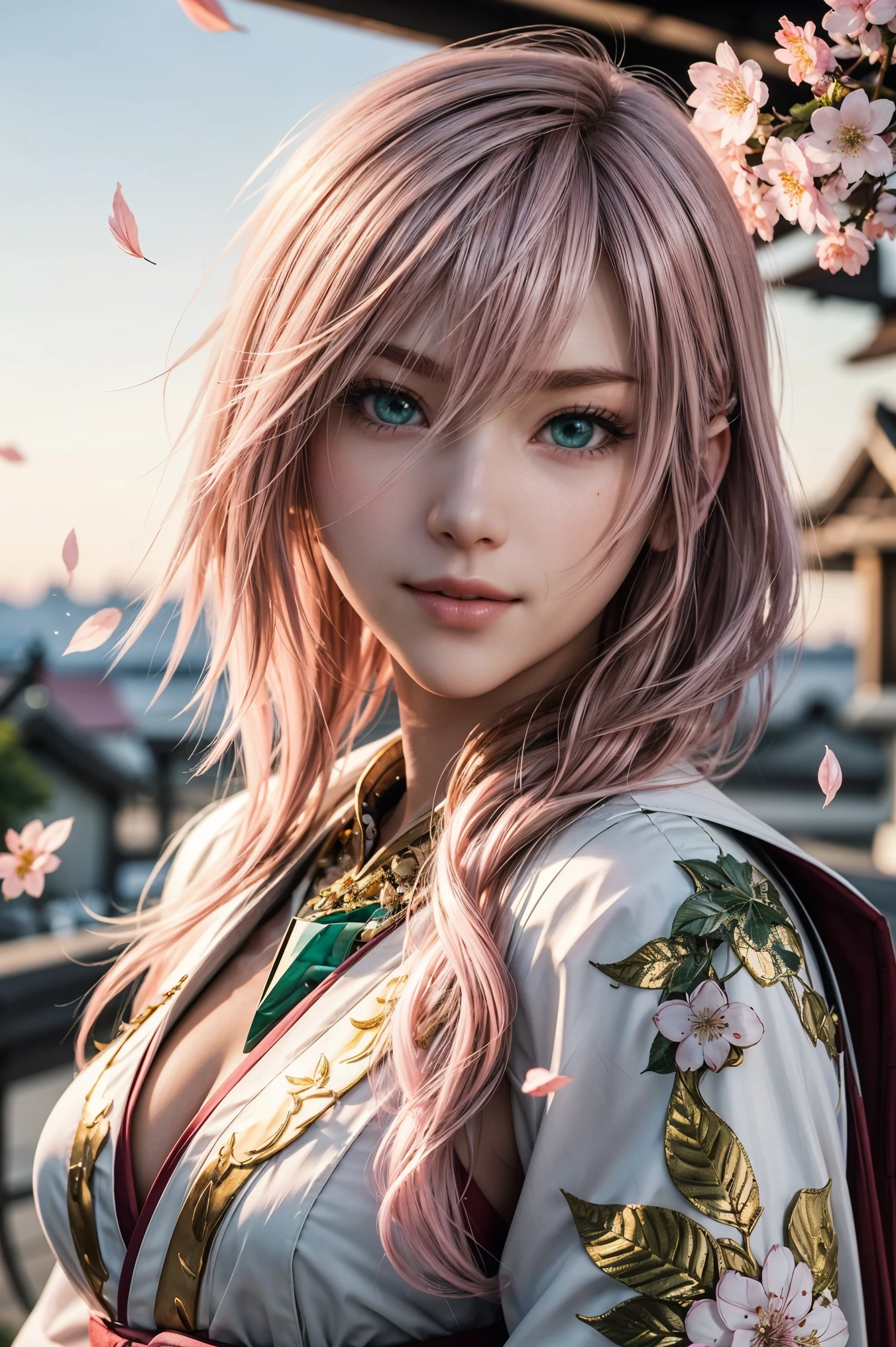 lightning,FF13,Beautiful pink blond long hair, Beautiful curly hair ,beautiful emerald green eyes,PINK LIPS,white skin,in a sakura-colored kimono studded with beautiful gold leaf,smile,Ultra HD,super quality,masterpiece,DSLRs wearing the law,photorealistic, Detailed Details,Vivid details,drawn in detail,detailed face, Detailed Details,Super Details,realistic skin texture that shows through the whole body, colorful candy room ,Perfect Anatomy,anatomically correct hands,anatomically correct finger,intricate 3d rendering,Mysterious cherry blossom blizzard,sunset,Beautiful Dusk,Beautiful Scenery of Japan,Hair fluttering in the breeze,Painting-like Beauty,takes pictures of Hirose's whole body,9 heads,