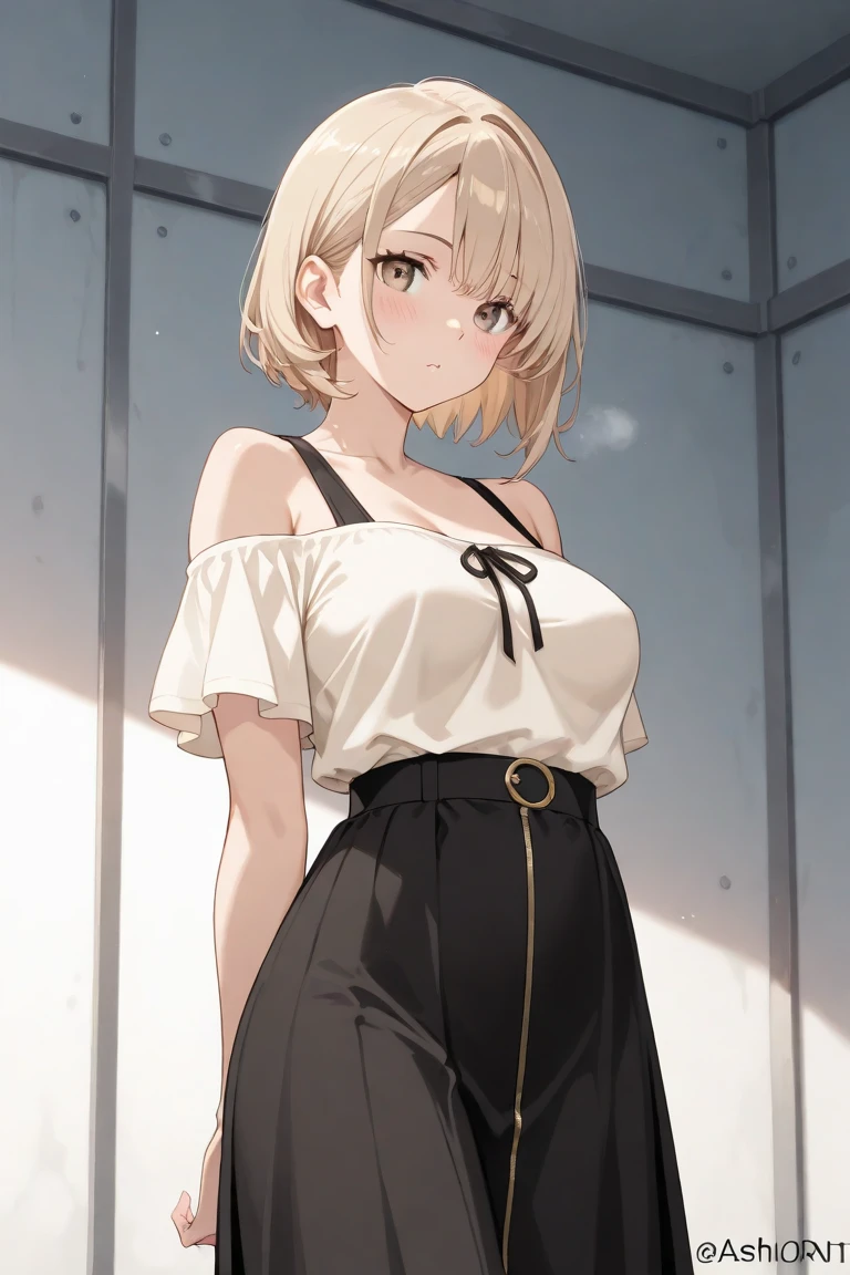 ((Highest quality)), ((masterpiece)), (detailed), One girl, Off-the-shoulder sweater, (Silver Hair),((Golden Eyes)),Expressionless,Black Skirt,((Brown skin:1.6))