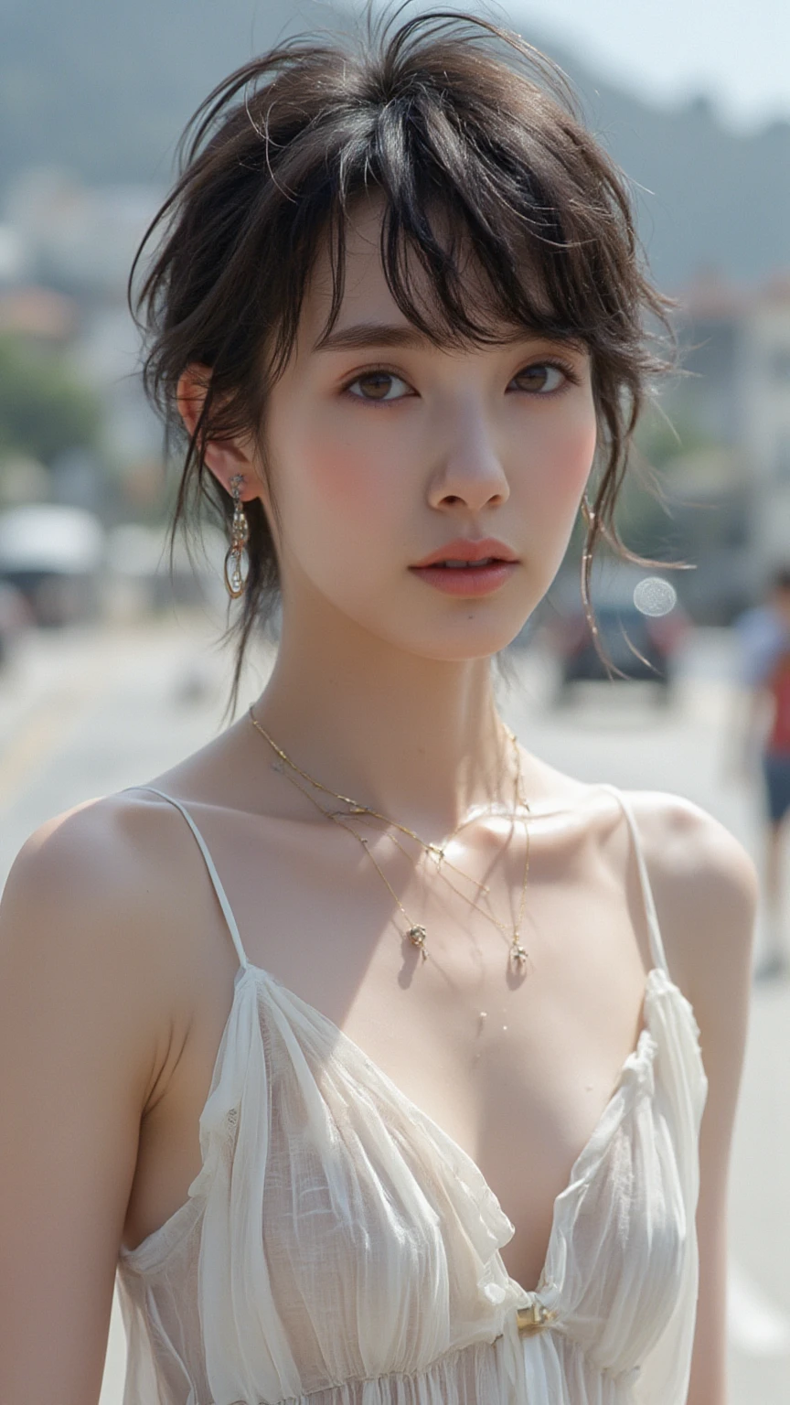 A girl holding a camera, mix4,(8k, RAW photo, best quality, masterpiece:1.2), (realistic, photo-realistic:1.37),1girl,cute,cityscape, night, rain, wet, professional lighting, photon mapping, radiosity, Physically-based rendering, gradient brunette hair, short curly hair, handsome, girly, white ball set, superb picture quality, high resolution, 1080p, (clear face), (detailed face description), (detailed hand description), (masterpiece), (exquisite CG), extreme light and shadow, messy hair, masterpiece, rich detail, (exquisite facial features), (highest image quality), (masterpiece), (detailed eyes), look forward to your eyes, delicate collarbone, (large breasts:1.2), apparent pretty nipple,