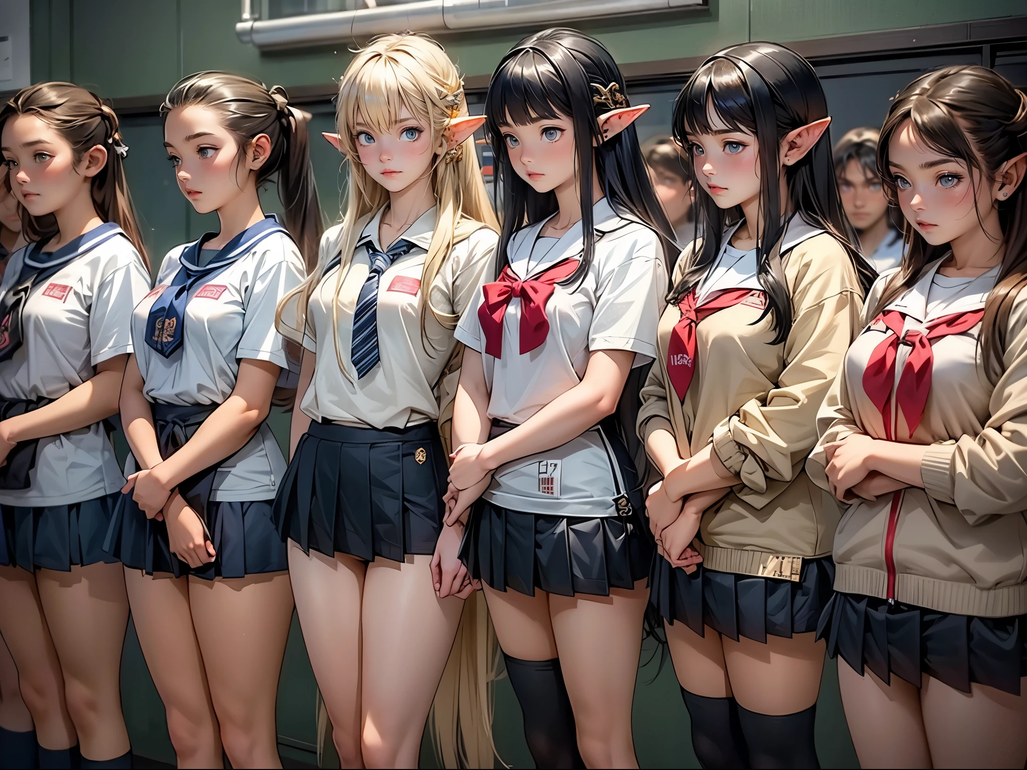 (masterpiece:1,2), best quality, masterpiece, highres, original, extremely detailed wallpaper, looking at viewer, (nsfw:1.2), (6+ high school student girls gathering:1.6)(skirt lift to show :1.2)(lifted by self, skirt lift)(16, 17, 18 years old girls:1.0)(under boobs:1.0) (serafuku:1.6) (presenting :1.0),wet , juice, wet, younger, long hair, medium breasts,standing, (glowing_eyes:0.95), hair_between_eyes, perfect lighting,(extremely detailed CG:1.2),(8k:1.1},(happy:1.3), :d, embarassed, (Group photo, commemorative photo, :1.4)