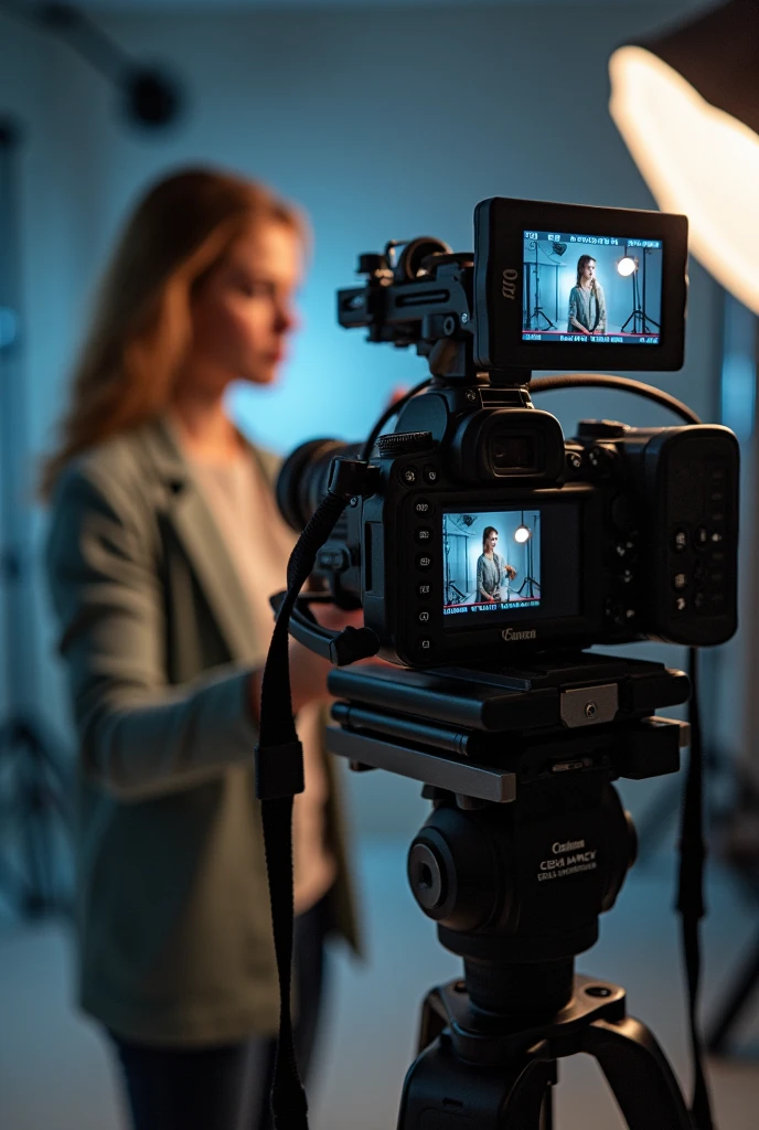 A photographer adjusting a camera in a studio with lighting equipment ...