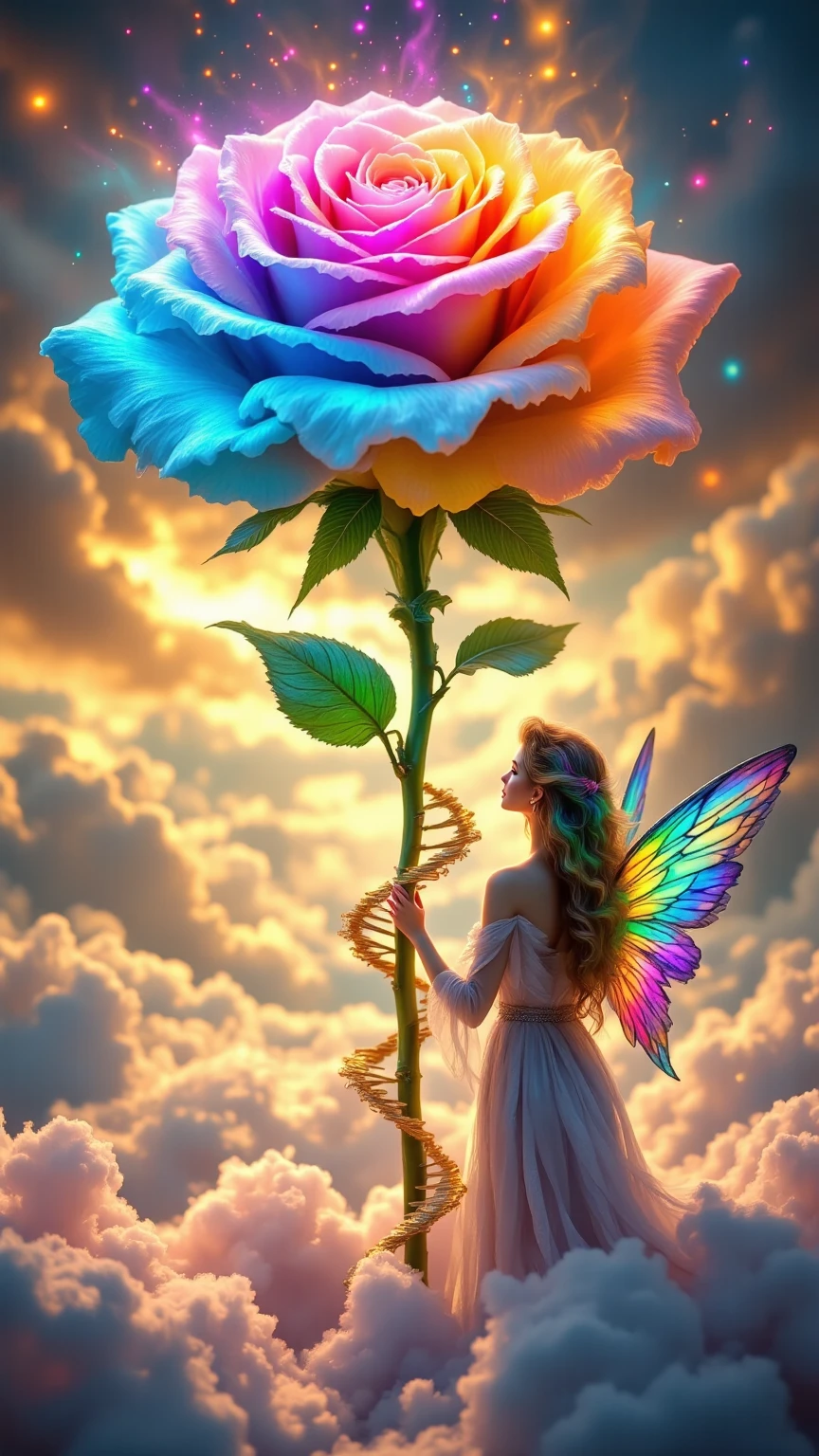 Rainbow-colored clouds on the floor, A huge rainbow-colored cloud rose that rose from,Spiral cloud staircase along the stem of a rose,Female angel with rainbow hair and rainbow wings looking at,Realistic,4K,HDR,Extremely fine details,Professional,vibrant colors,Focused,physically-based rendering,Surrealistic,fantasy scene during treatment,Fantastic,mystical,serene,warm,Adult woman with soft tone