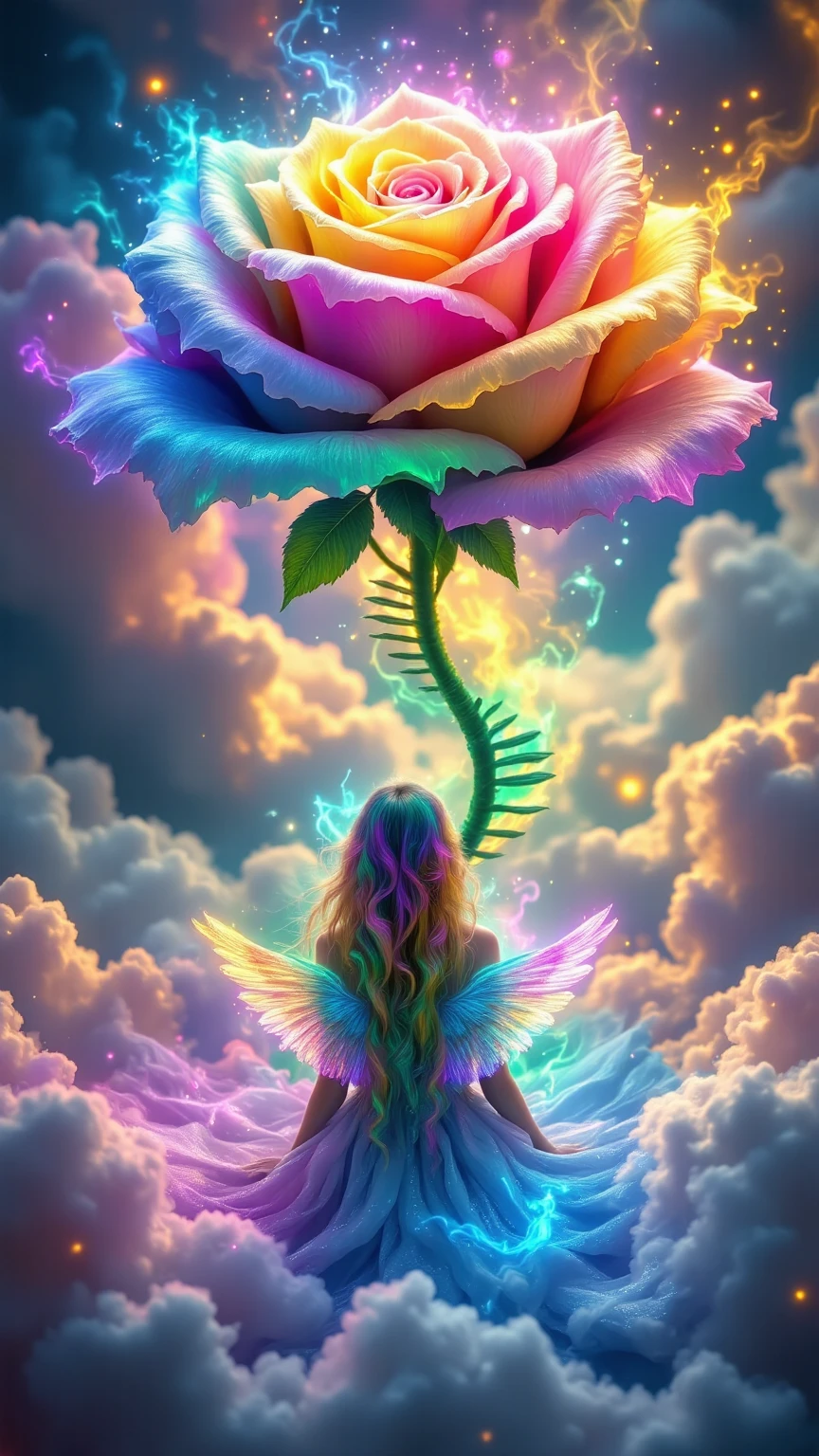 Rainbow-colored clouds on the floor, A huge rainbow-colored cloud rose that rose from,Spiral cloud staircase along the stem of a rose,Female angel with rainbow hair and rainbow wings looking at,Realistic,4K,HDR,Extremely fine details,Professional,vibrant colors,Focused,physically-based rendering,Surrealistic,fantasy scene during treatment,Fantastic,mystical,serene,warm,Adult woman with soft tone
