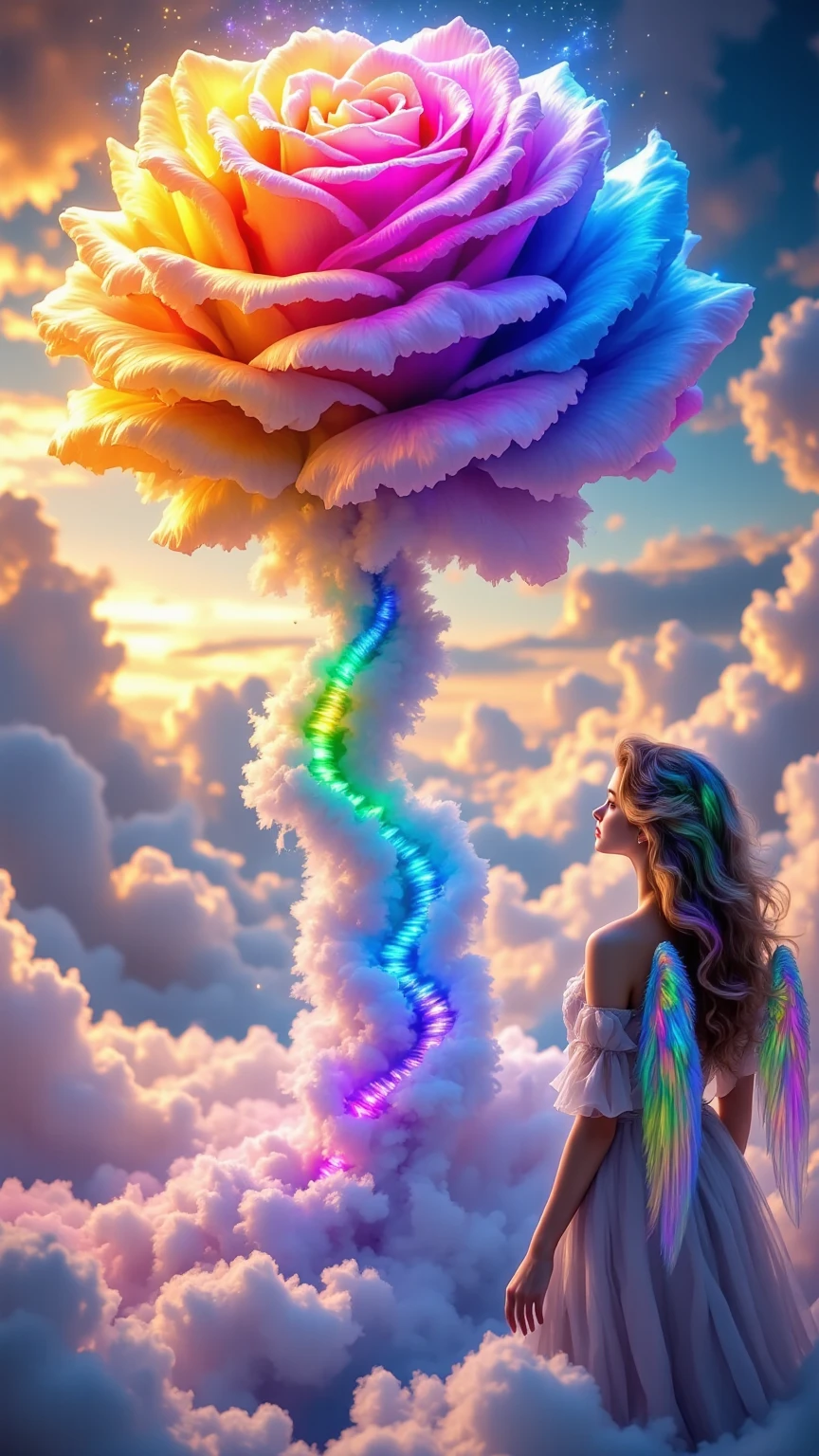 Rainbow-colored clouds on the floor, A huge rainbow-colored cloud rose that rose from,Spiral cloud staircase along the stem of a rose,Female angel with rainbow hair and rainbow wings looking at,Realistic,4K,HDR,Extremely fine details,Professional,vibrant colors,Focused,physically-based rendering,Surrealistic,fantasy scene during treatment,Fantastic,mystical,serene,warm,Adult woman with soft tone