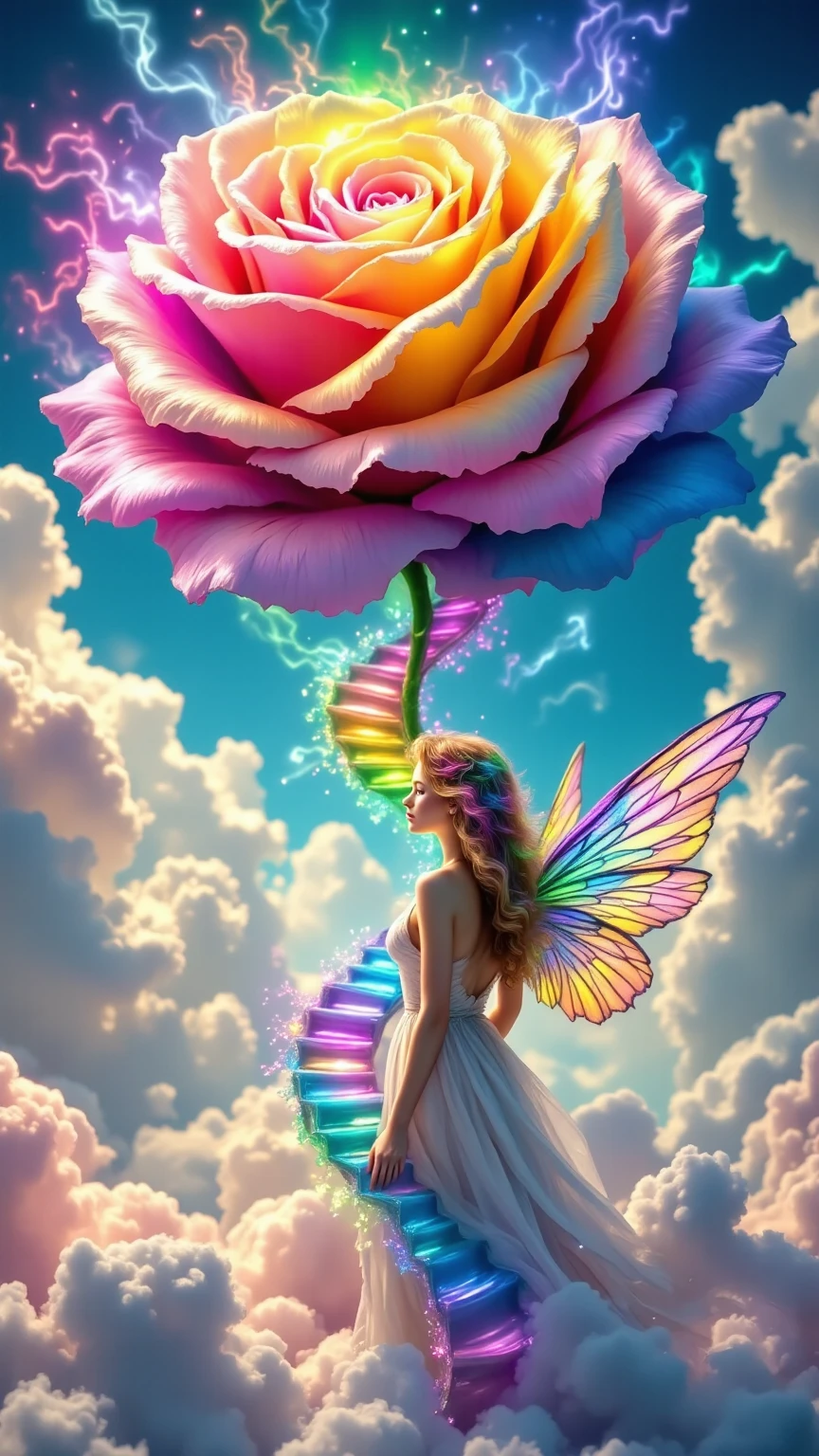 Rainbow-colored clouds on the floor, A huge rainbow-colored cloud rose that rose from,Spiral cloud staircase along the stem of a rose,Female angel with rainbow hair and rainbow wings looking at,Realistic,4K,HDR,Extremely fine details,Professional,vibrant colors,Focused,physically-based rendering,Surrealistic,fantasy scene during treatment,Fantastic,mystical,serene,warm,Adult woman with soft tone