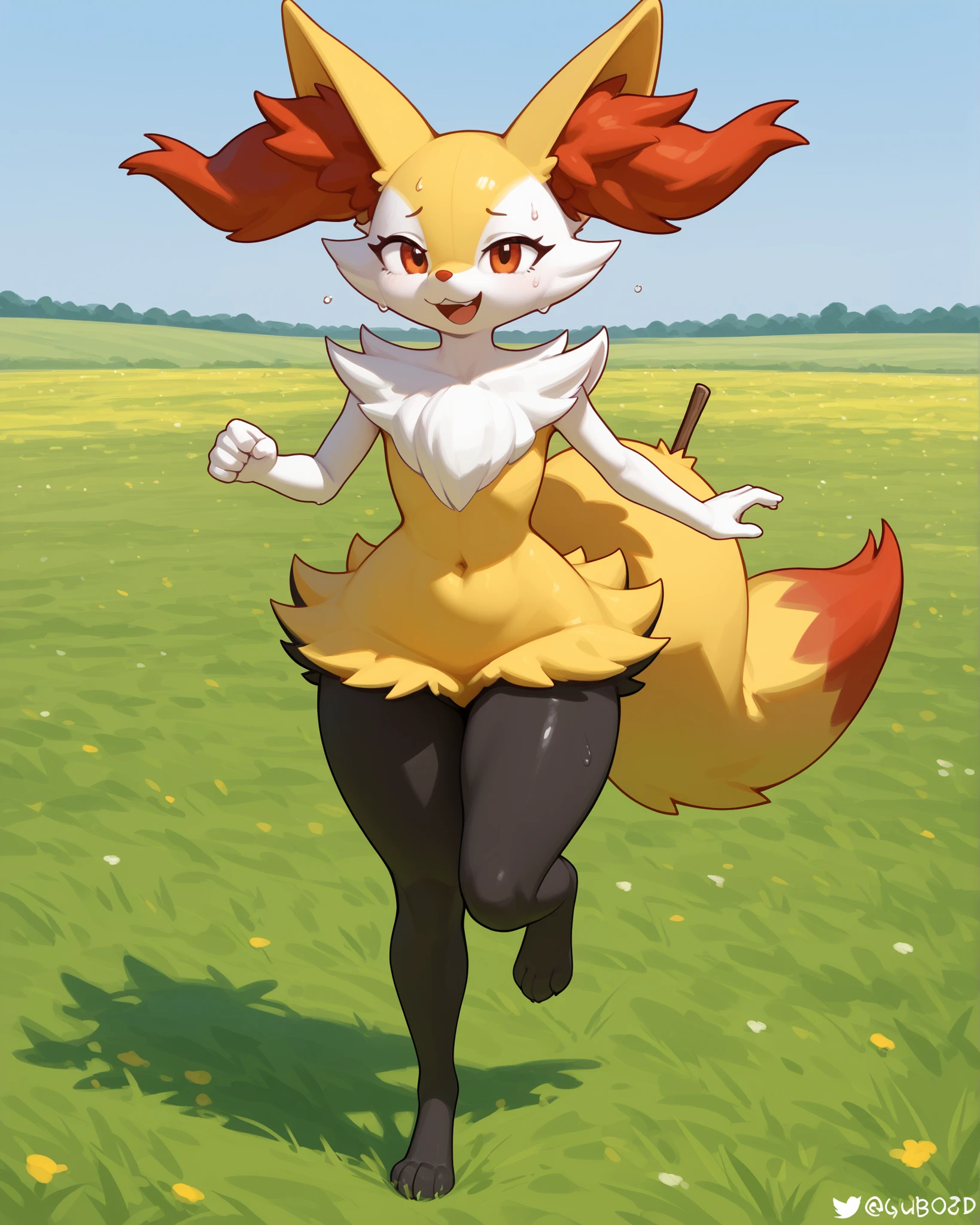 alone, score_9,score_8_up,score_7_up, anthro female braixen, POV, field, running free, smiling, sweating, rubor, black leggins, thicc thighs, full body, smile, 3D