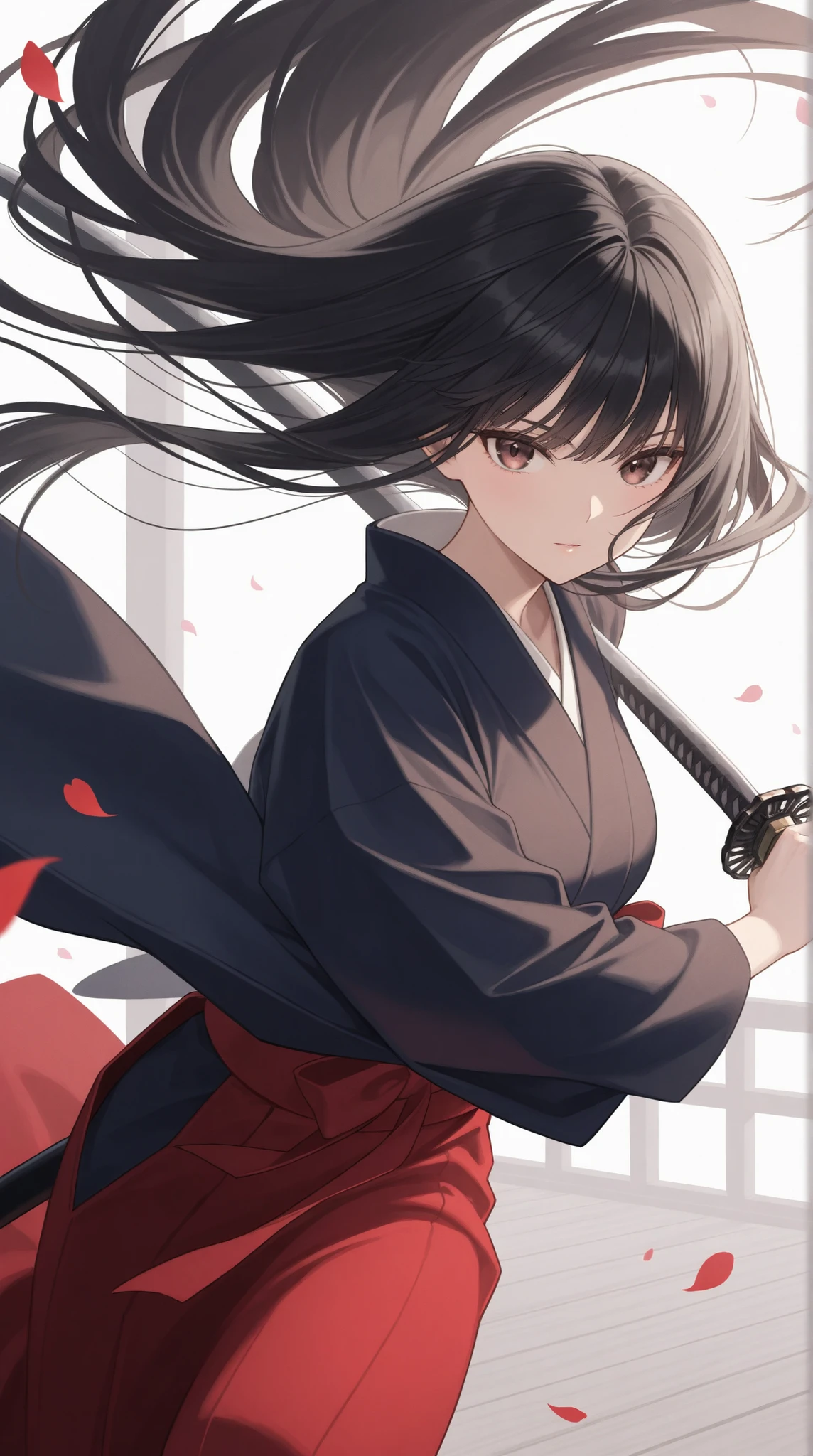  beautiful woman in kimono , sharp gaze,  Long Black Hair Flowing in the Wind ,  Japanese sword,   Fluttering Petals