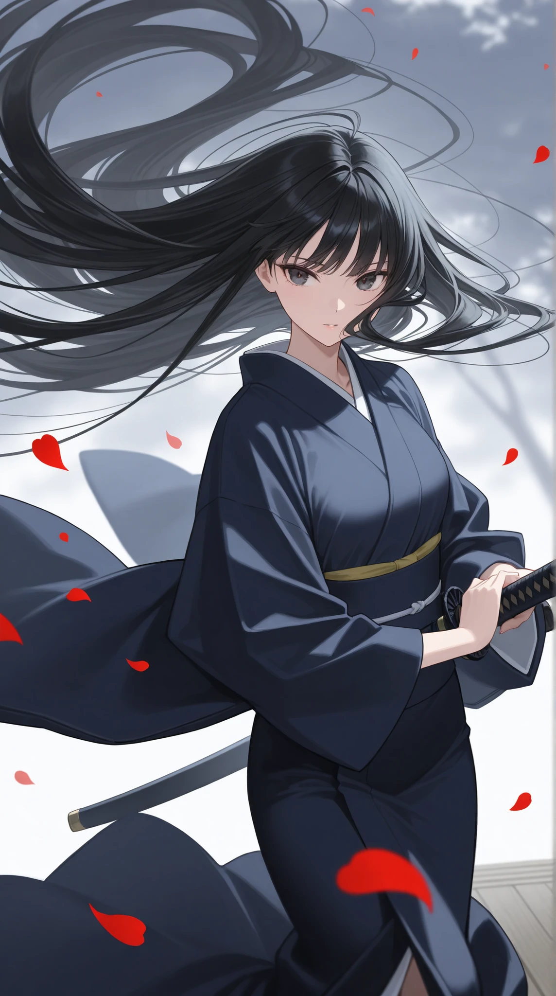 beautiful woman in kimono , sharp gaze, Long Black Hair Flowing in the Wind , Japanese sword, Fluttering Petals
