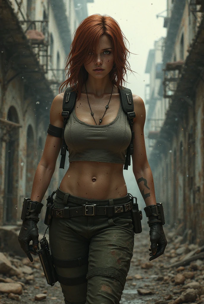 (work of art), (best qualityer), Realistic anatomy, Cinematic Light, battlefield background, perfectbody, maroon hair, gray eyes, (Excellent quality), (2k), cabelo braiddo, braid, (Incomparable masterpiece), (ultra high definition), (ultra realista 8k CG), dark look, dark and scary background, post apocalyptic country, survivor, investigative pose, suspense, beautiful stone necklace, magic neck necklace, badass, Exploration Clothing, dark hair, curly hair, scared face, fear, beautiful nature background, magical nature, maroon hair, (maroon hair),