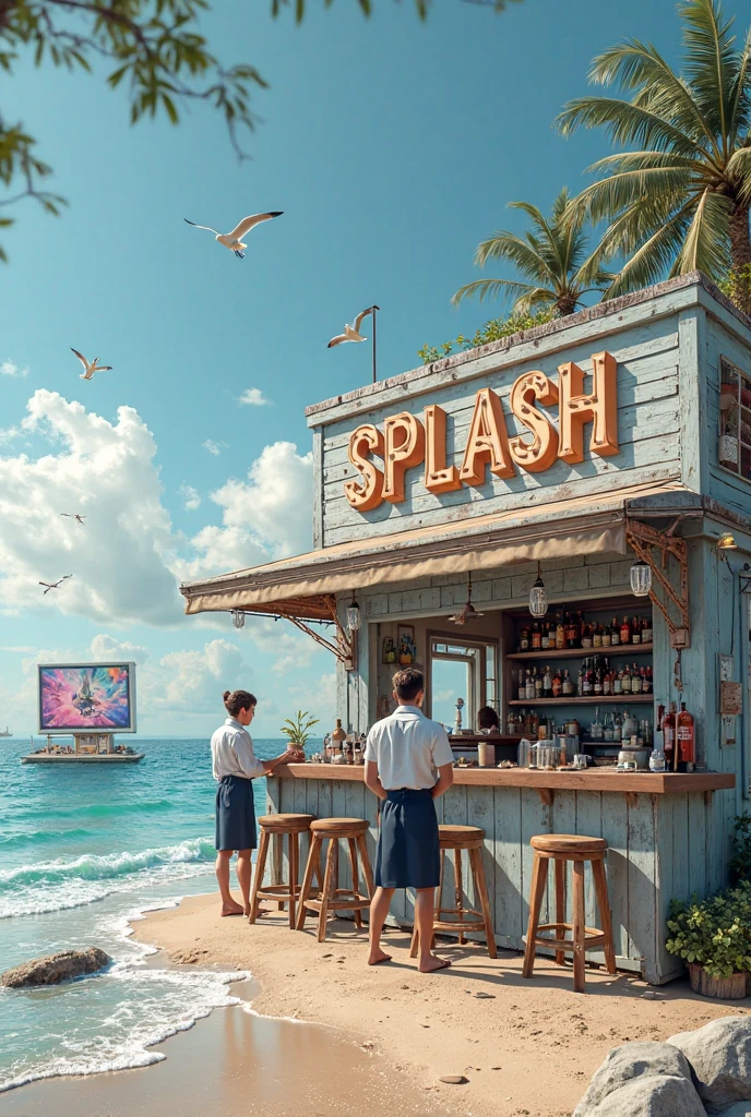 party room, with chairs in front and coconut trees, with a sign saying no drinks