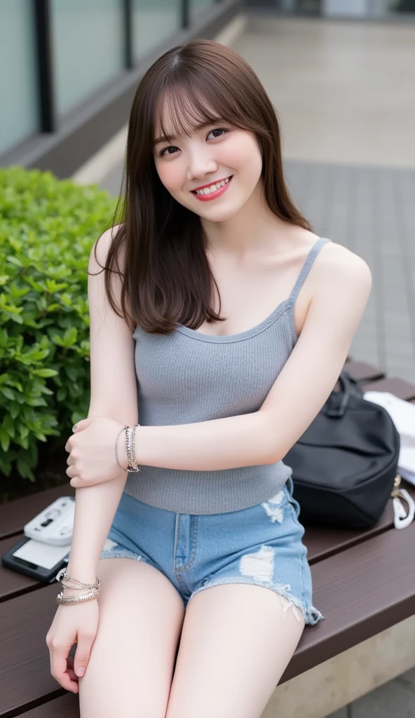 最high quality, In 8K, Masseter region, Vibrant, Sharp focus, high quality, High resolution, Detailed face, fine grain, Red lips, (Observe the audience), alone, Beautiful woman, 38 years old, (Very short black hair:1.3)、（Bob Hair）、（Slightly slim body type）、（c cup breasts）、 Cleavage, , afternoon、（Germany、Berlin、The square in front of the church:1.5）,(Sit on a bench:1.5)、（(A fitted white tank top:1.6)）、（Blue Jeans:1.6）、（Black pumps:1.5）、（(smile:1.3）、