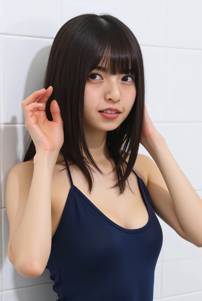 (8K, RAW Photos, Highest quality, masterpiece: 1.4), (Realistic, photoRealistic: 1.4), Super detailed, Ultra-high resolution, One Girl, Beholder, Beautifully detailed face, smile, (Slim waist: 1.0), Beautifully detailed skin, Skin Texture, Floating Hair, Professional Lighting, Middle Chest, Kind eyes,(small wet breasts:1.6), (beautiful wet nipples:1.6),(undressing:1.9), (:1.0), (law panty:1.5), (sleeveless wet blouse:1.15),(Feather Cut:1.0), (petite:1.0),(upper body:1.0)