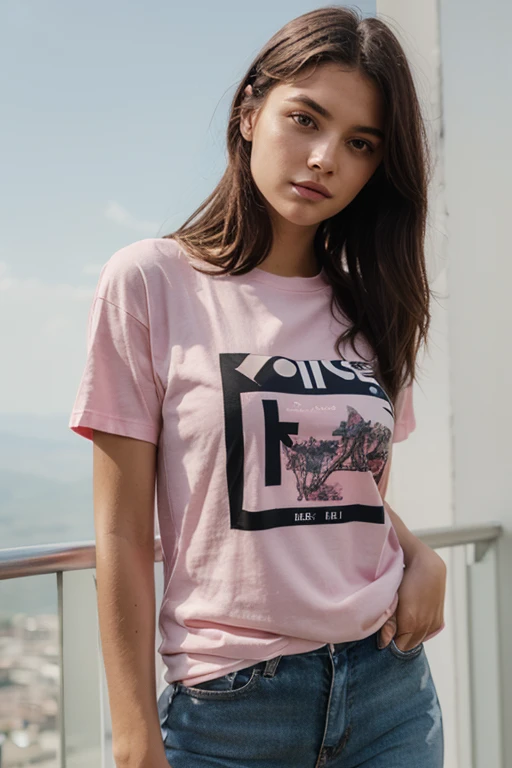 image of a beautiful woman from behind with a white t-shirt, on the back the number 11 and the text "KIKI", blue skirt, pink cap, sunglasses, with a fantastic aesthetic landscape in the background, hd, 8k, realistic