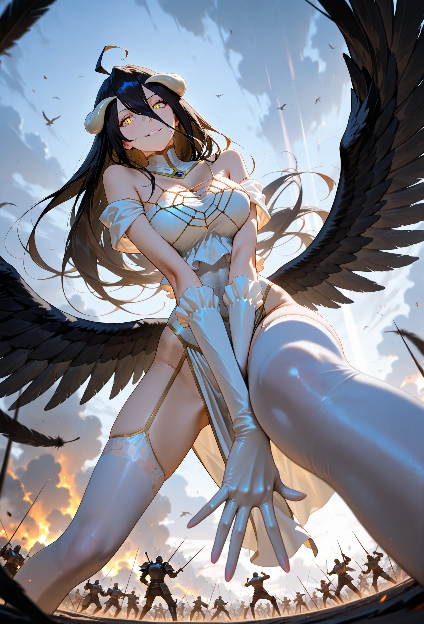 fantasy, 1angel_girl, brown_hair, ponytail_hair, (dark_skin)+, bare_shoulder, navel, thigh,silver_shiny_armor, white_clothes,waist_armor, glebe, hold_swords, big_, angry, dynamic_fighting_pose, floating, (1pair_white_wings), sunrise_city_background,(pelvic_curtain)++, open_mouth, headgear, large_ass