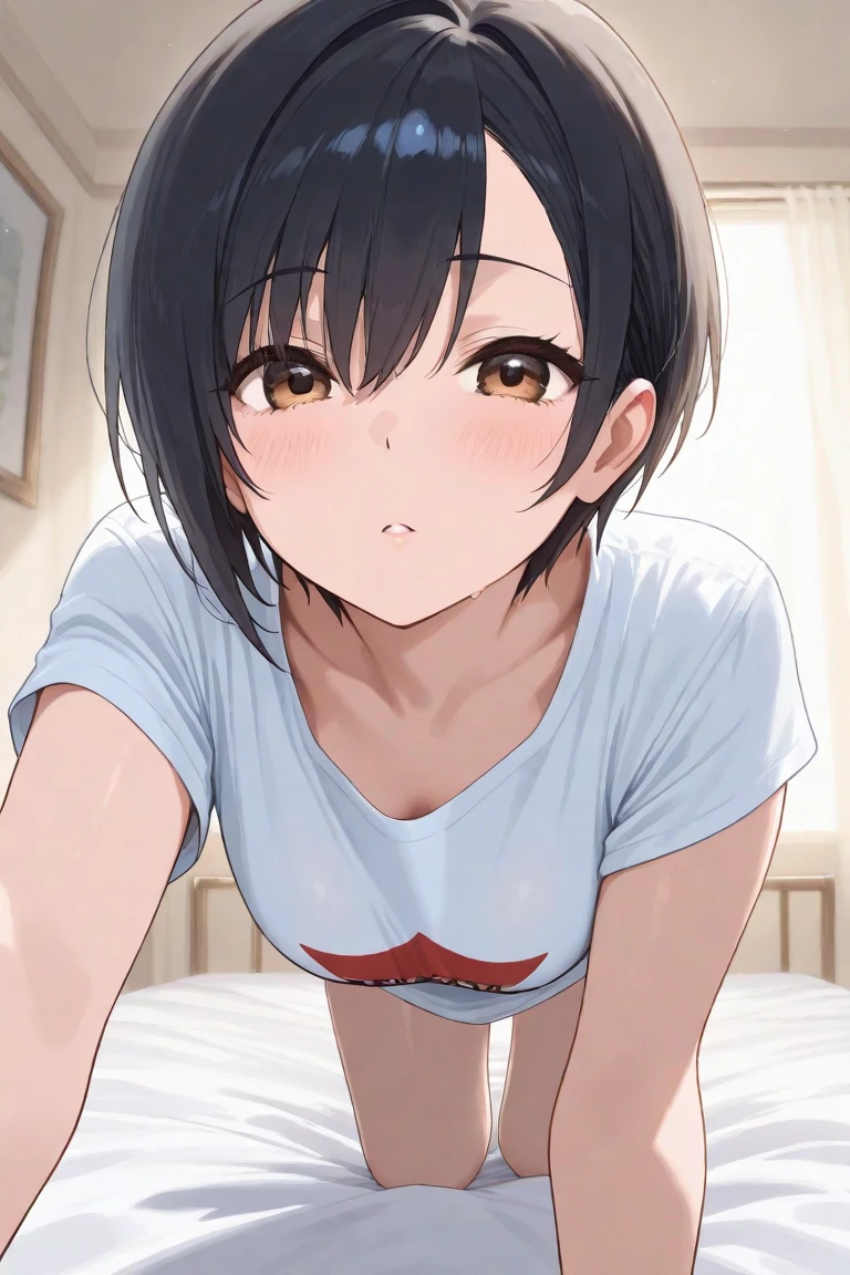 On all fours on the bed,smile,1. small ,short hair,Black Hair,blush,White T-shirt,Olive green shorts,Brown Sandals,White skin,From below,shy,night,Sweaty,Wet,Cowboy Shot,night中,dark,Ahegao,be happy,Sigh,Eyes are hearts
