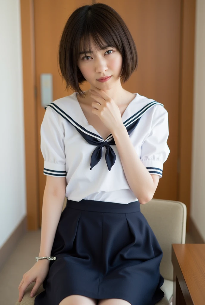 highest quality, masterpiece, Ultra-high resolution, (Realistic:1.4), RAW Photos, One girl, indoor, View Viewer, Sailor suit, (White skin), Short Hair, Beautiful breasts,whole body,Black Hair,,,,