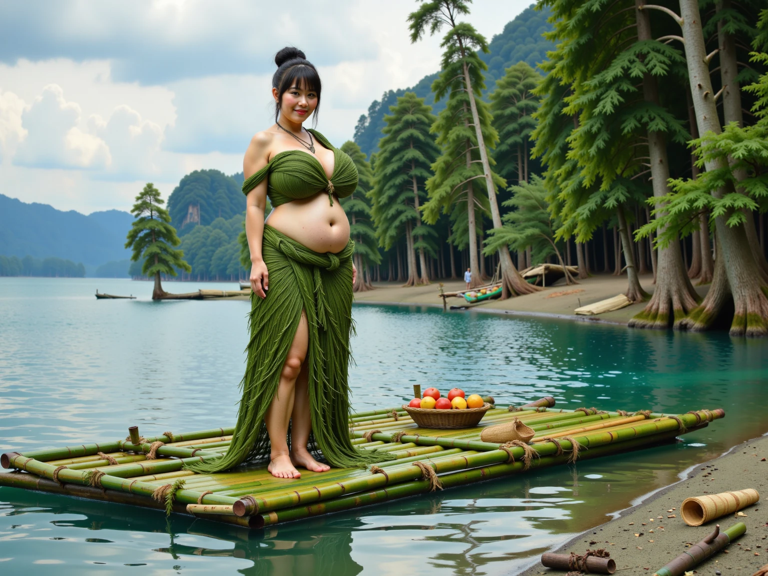 ((8K)), highest quality, 超High resolution, (surreal)、(High resolution), 1 girl, ((Traditional Hula Costumes)), Overweight, extremely fat, ((Chubby)), ((Chuckle-Smile)), Dancing the hula happily、at beach