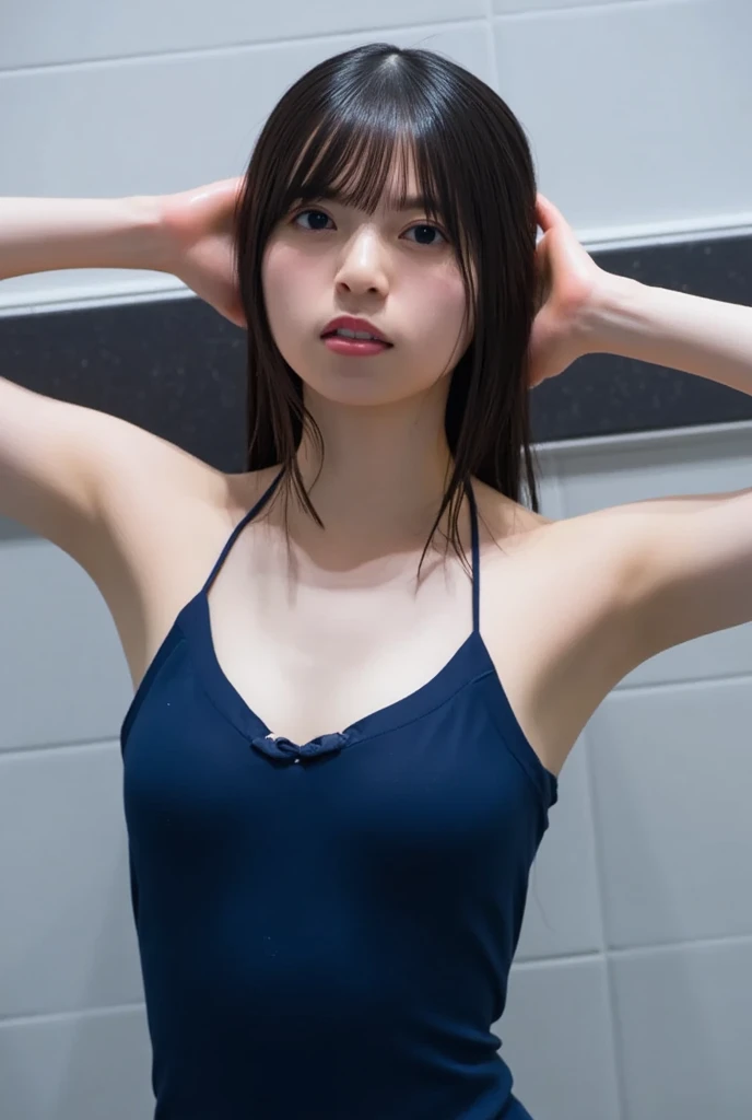 high-definition picture,masutepiece, Best Quality, Swimsuit photo session,1girl in,Full-body high-definition images, skyporn, (Glossy yellow bikini)Solo, blushed face,Sexy pose looking at camera,fullbody image, Metro station,Shot at home,passenger' My eyes are hot