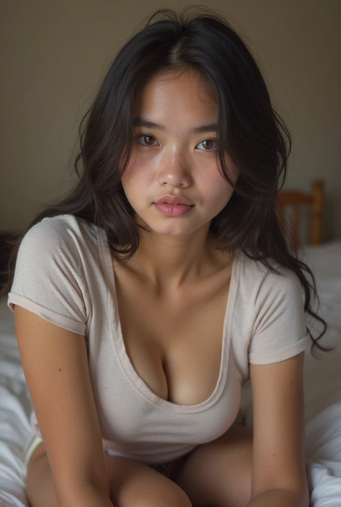Filipina 22 years old, nipple mark, cute face, Slim, Tortitz, (big sagging:1.1), huge nipples, wear (Sexy sweater:1.2),, Bokeh background, Simple background, (highly refined skin:1.0), (masterpiece:1.2) (lifelike:1.2) (Bokeh) (best quality) (intricate details) (8K) (high dynamic range) (analog film) (canon d5) (movie lighting) (sharp focus),tie a ponytail,Lying in bed