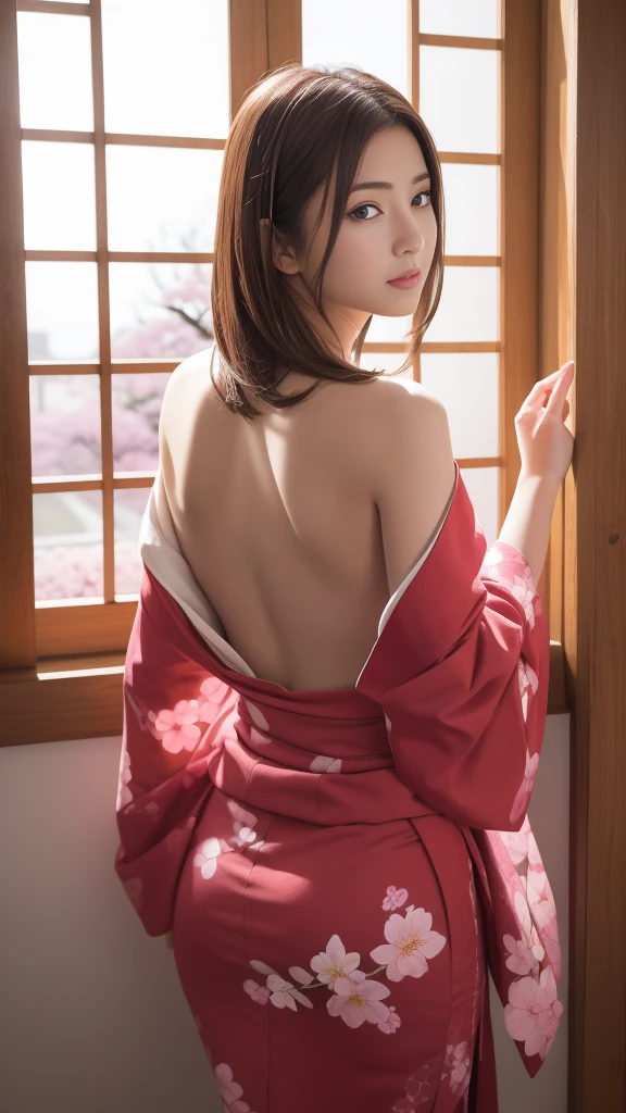 (masterpiece, Highest quality:1.4) 8K, 85mm, Absurd, (Floral Yukata:1.4)violet,No clothes on the back、((Half naked:1.8))、((Facing away,I can't see your face:2.0)) Gardenia, Delicate girl, alone, night, Not looking at the audience, Upper Body, Film Grain, chromatic aberration, Sharp focus, Face Light, Professional Lighting, Sophisticated, (background, ボケbackground:1.2), detailed aspects,(((Show one breast:1.37))),((Very young and immature & Very few & Very flat chest:1.2),(Pink fashion glasses,1),(From behind, Showing vagina with penis inside:1.8)