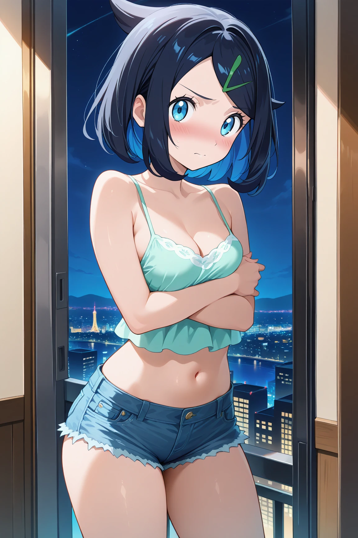 [[anime styled]],[[digitalart]],masterpiece,best quality,high resolution,Tomomi_Xijing,black hair,Short hair,Hair Ribbon,midium build,oily skin,NSFW,1girl in,solo,((standing)),[cowboy shot:1.3],[crotch focus/close up],[from above],short torso,Perfect Lighting,topless,((nude,nipples)),((blue striped panties)),cameltoe,smile,cel shading,blush,spread legs, break background classroom,