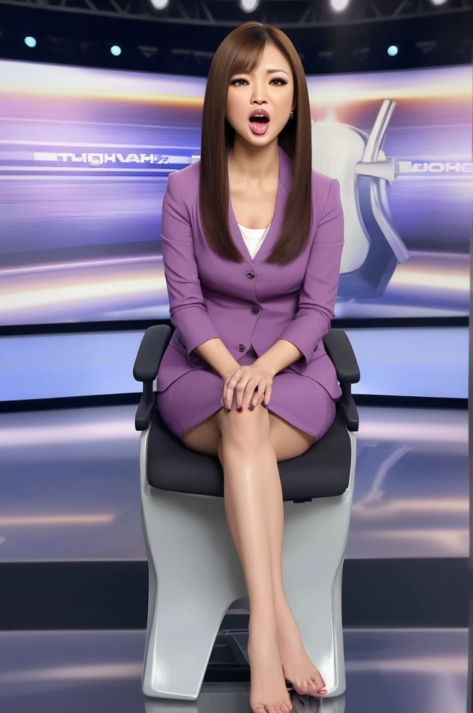 Half-fat woman standing next to a social media logo with various elements, modern Korean suit, straight hair streaked with color red at the front. crossed legs, Wearing a skirt, Wearing Muslim clothes , Dress suit 