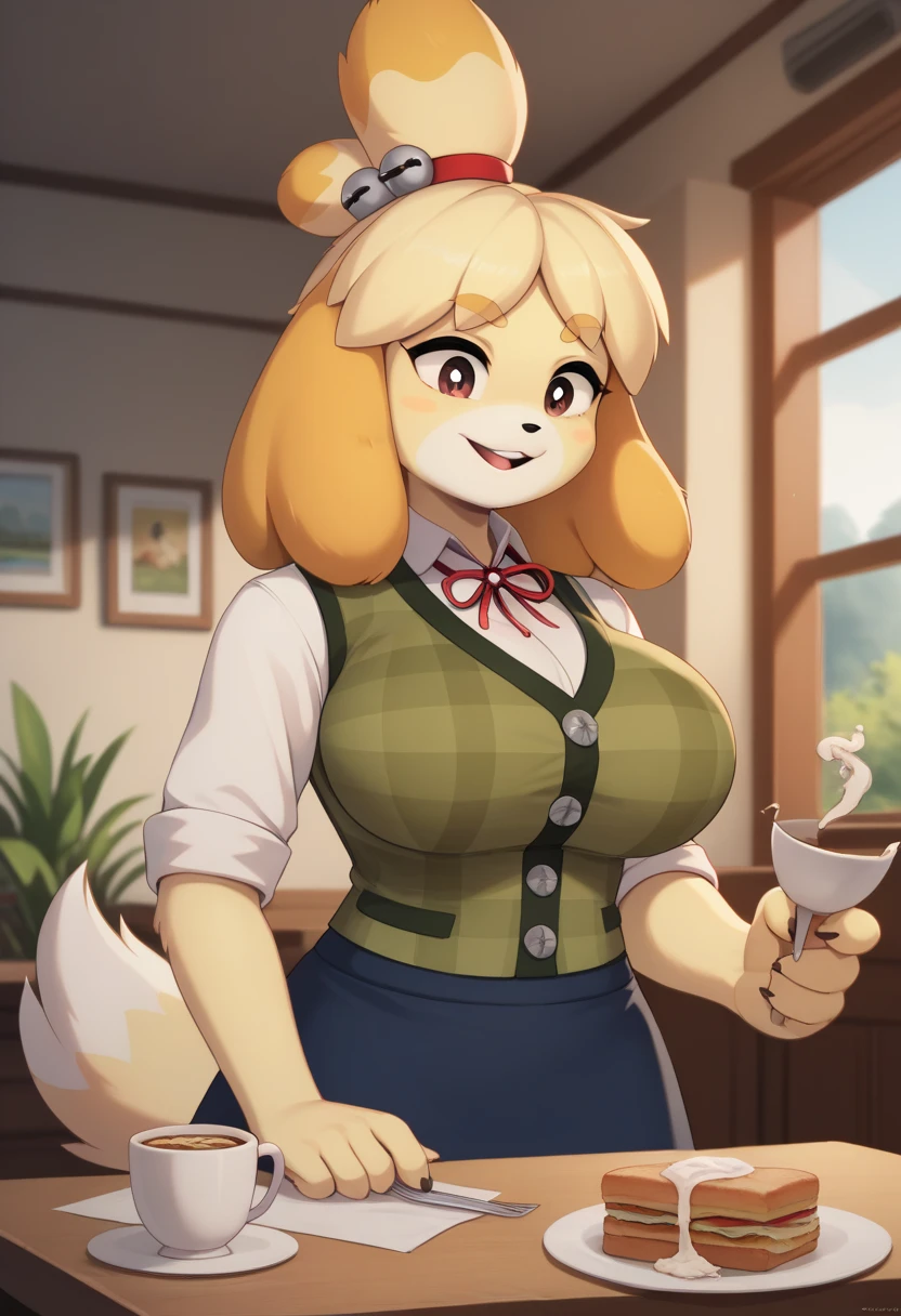 Solo, female, 1girl, ((dog ears)), (dog tail, shocked expression, surprised), looking at viewer, (dark skin, lipstick, lip gloss, updo, hair bun, blonde hair), green eyes, bard, ((fantasy village)), open mouth, wide eyes, glasses, standing, thick thighs
