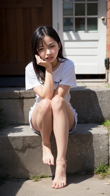 sit with one's knees、sit with your heels on the ground、hold your knees with both hands、The shin is facing forward、The body is facing forward、sit with your heels on the ground、open legs、open crotch、white panties、8K photo、Live shooting、Highest image quality、masterpiece:1.2、real、photorealistic、high contrast、photon mapping、realism、Super detailed、professional lighting、Low - Angle:1.2)、(1 girl)、(solo:1.5)、(Height is 165 cm), (18 year old high school girl), (Japanese high school uniform)、(summer blouse:1.2)、(plaid short skirt:1.2)、(white shirt with student ribbon:1.2)、(squatting looking at the front)、(open crotch:1.2), (white panties:1.5)、(camel toe)、(white sneakers:1.2)、 (perfect proportions:1.2), (Hard to see from under the skirt:1.5), (Detailed female pubic shape is clearly visible:1.4), (have pubic hair:1.4), (textured skin)