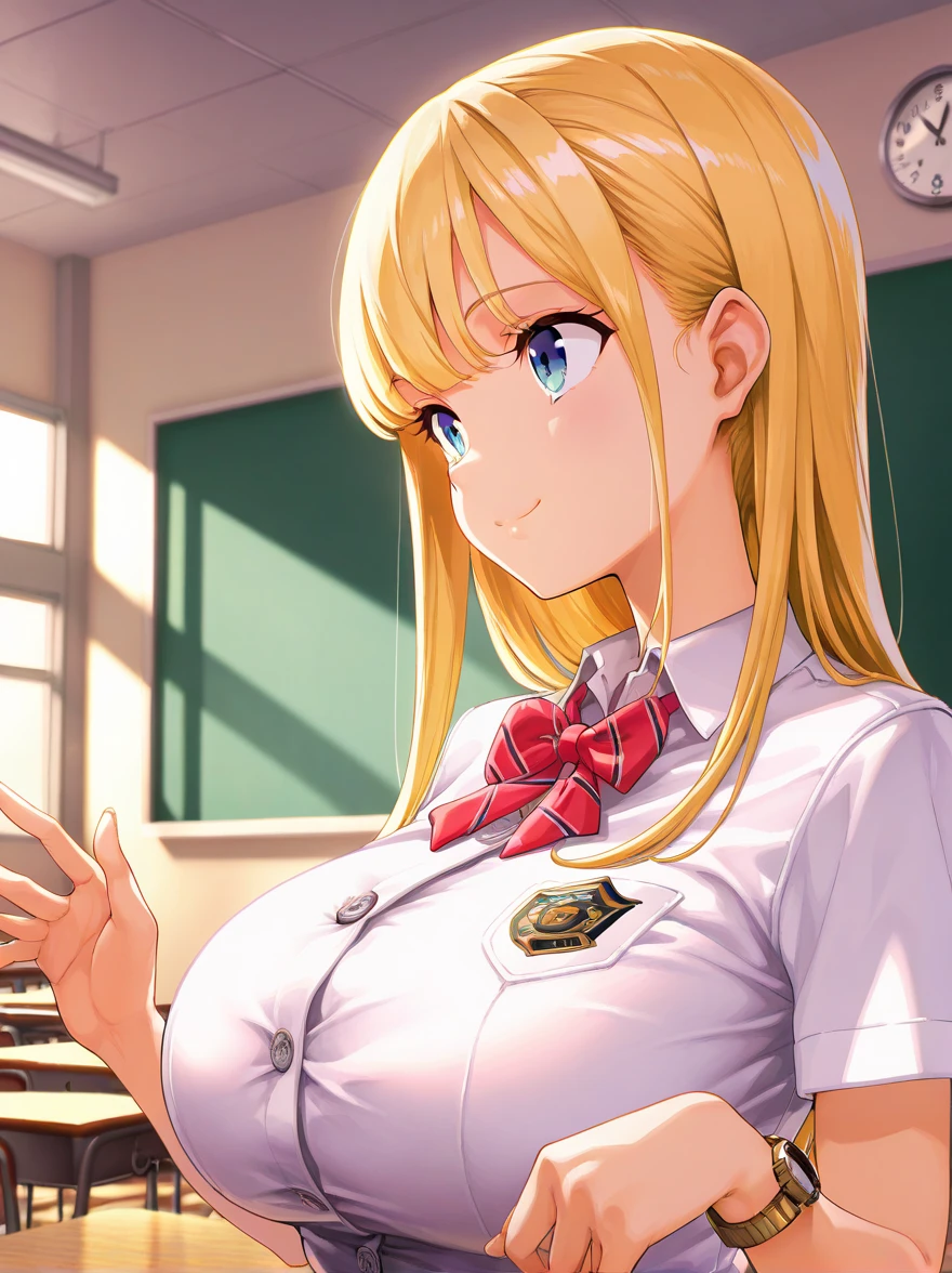 keikaruizawa, <lora:kei karuizawa s2-lora-nochekaiser:1>, kei karuizawa, long hair, bangs, blunt bangs, (purple eyes:1.1), blonde hair, shirt, hair ornament, ponytail, scrunchie, blue scrunchie, smile,, BREAK <lora:Covered erect nipples 1024Reg-000032:1>, (covered erect nipples:1.5), school uniform,, BREAK looking at viewer, (cowboy shot:1.5),, BREAK indoors, classroom,, BREAK <lyco:GoodHands-beta2:1>, (masterpiece:1.2), best quality, high resolution, unity 8k wallpaper, (illustration:0.8), (beautiful detailed eyes:1.6), extremely detailed face, perfect lighting, extremely detailed CG, (perfect hands, perfect anatomy),