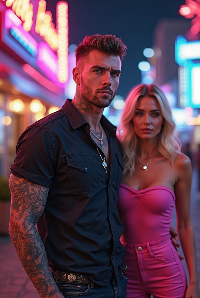 Tattooed male model shaved head, pointy mustache, soul pach, beard, tall, slim fit, no shirth, green leather punkrock jacket, riped jeans and female model, short blond hair, messy, tanned (very big size breasts 1.8) sexy fit, six pack, black lace bra, short black leather jacket, tight black leather pants in the subway train car looking straith ahead
