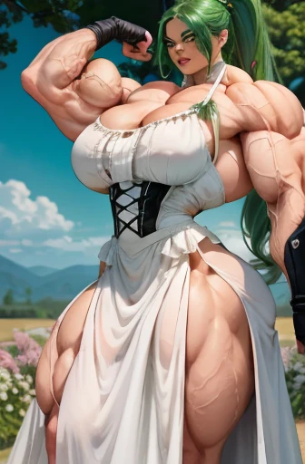 A beautiful, buff, bloodied, light brown skinned muscular bride in a beautiful blood stained wedding dress, green hair, orange eyes, black lipstick, (ginormous bulky muscles), (blood stained body), ((wearing a blood stained wedding dress)), (close view), long curvy hair, ((massive muscles)), ((hyper muscles)), covered in blood, (holding a zweihander sword), in a destroyed church, massive muscles