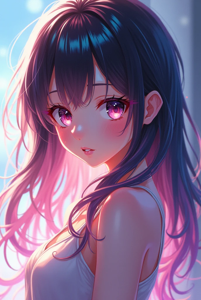 glowart: 1.0), (bright, sketch, drawing: 1.0), 1girl, bangs, blue eyes, blush, collarbone, hair between eyes, long hair, looking at the viewer, bra, open mouth, pink hair, portrait, shiny, shiny hair, side ponytail, solo, wet, wet hair