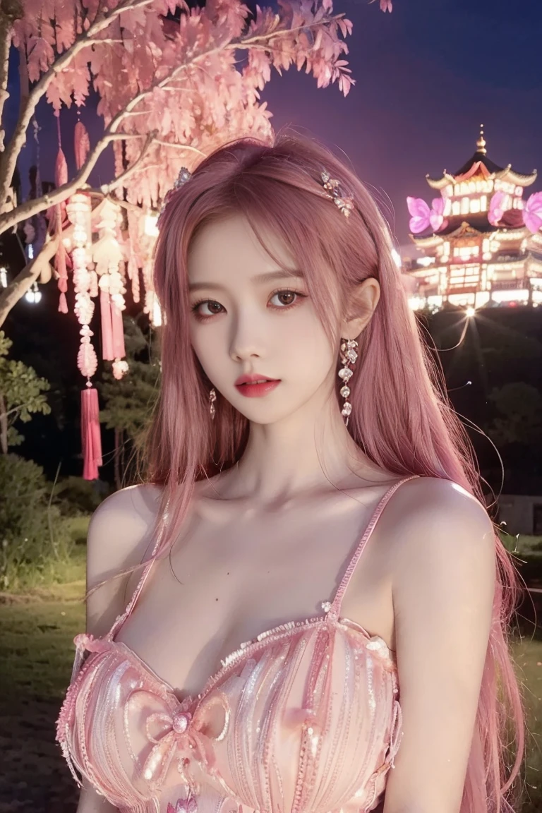 China dressを着た女性, (((masterpiece))), ((Highest quality)), ((Intricately detailed)), ((Surreal)), Absurd resolution, Mature Woman, Mature Woman, perspective, Very detailed, figure, One girl,Perfect hands, Detailed fingers, Beautiful attention to detail, Updo, Gray Eyes,(China dress:1.2), Earrings, Detailed Background, Perfect Eyes, Seductive eyes, Looking at the audience, from the front,Pink Hair Color、Hair color: Pink、Pink Hair、Beautiful Face、Well-formed face、Lip gloss、