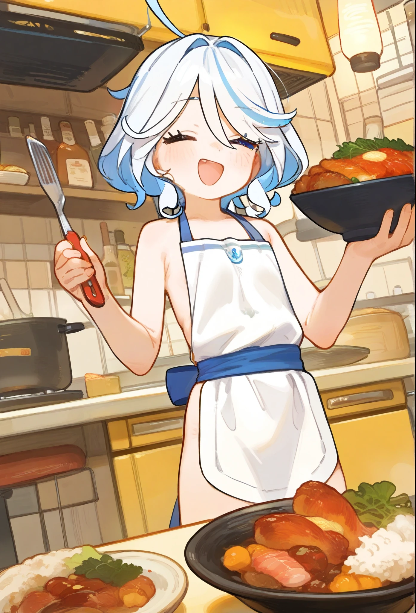 best quality,ultra-high definition, masterpiece,high res,furina,kitchen,Cook,nude,Wear an apron,delicious meals