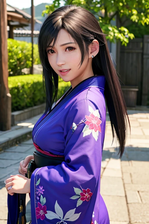 a close up of a person with long hair and a purple clothes, hyuga hinata, 18 year old hyuga hinata from anime naruto shippuden, as an anime character, perfect anime face, she has black hair with bangs, female anime character, anime character, anime best girl, hime cut hairstyle, black hair, (red glossy lips:1.3), white eyes, byakugan eyes, smile, realistic, ultra detail, city background, (beautiful face:1.3)The image shows a woman with almost half of her body, selfie style in front of a DSLR camera, high resolution, clear photo quality, HD with striking blue eyes. His skin is white, and long straight black hair. This character is Hinata Hyuga, in the anime Naruto Shipunden. Transform her into a realistic character, wearing a Japanese kimono. beautiful and smooth face. funny, original, realistic, set in a Japanese residential street, very real, very detailed body, perfect body, thin smile expression, elegant face, detailed large breast