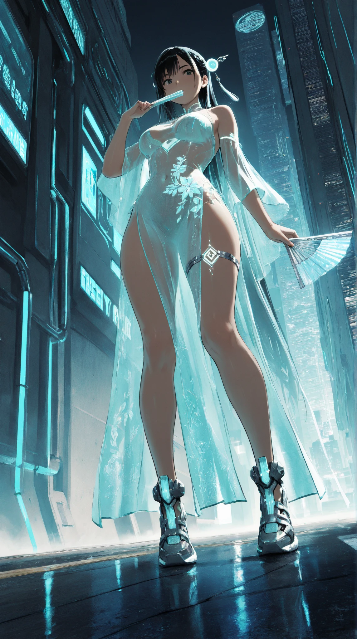 ((aeolian)), 1 young girl, beautiful face with green eyes, Princess, ((wearing see-through white dress)), long hair, black hair, slim body, shiny skin, bare feet, full body view, long legs, slim body, spread butt cheeks, spread thighs, action pose