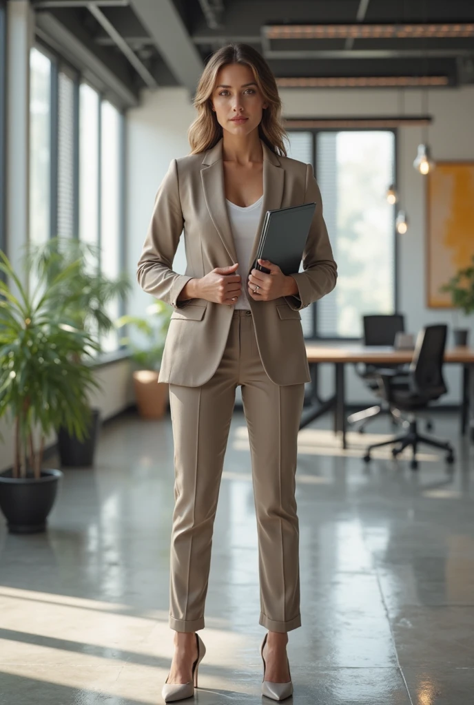 a woman wear a tailored clothes with blazer with matching cross body bag, walking in a corporate location, realistic, high quality, professional photography