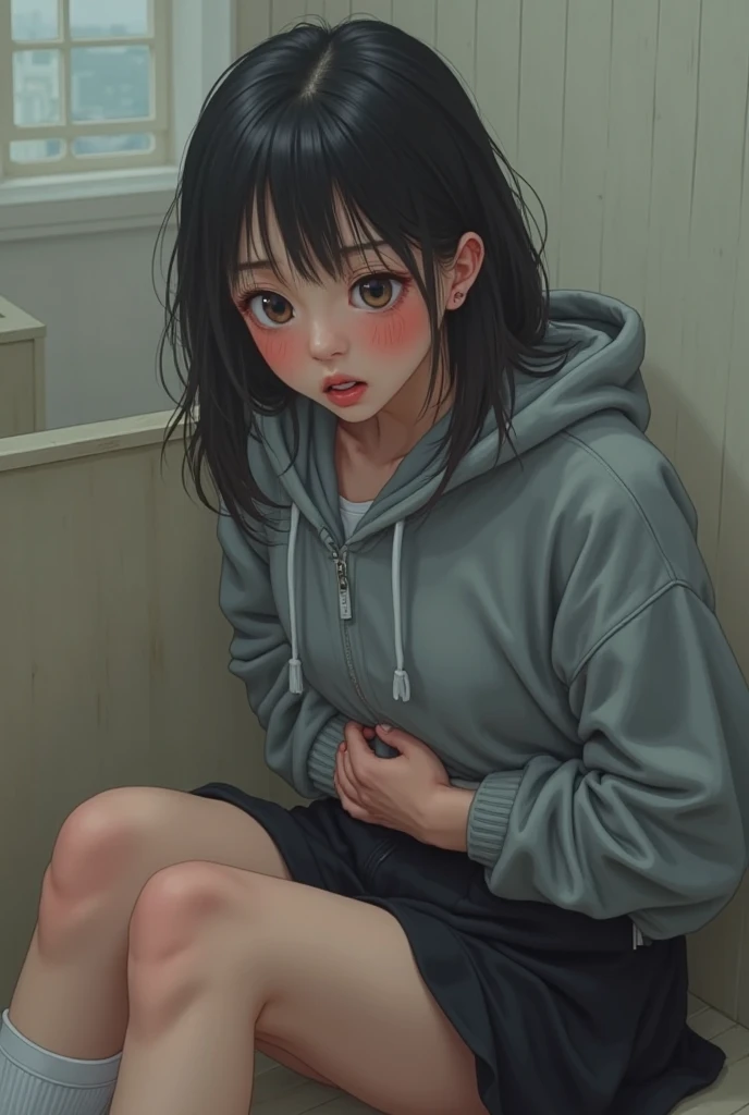 nsfw,after rape,((perfect anatomy,realistic:1.3,RAW Photography:1.3,masterpiece、highest quality、Ultra - High resolution、High resolution、Highly detailed CG、8K)),cowboy shot,1 female,solo,18-year-old、High school girl swordsman、19 year old beauty,Japanese,((beautiful detailed face and eyes:1.3,big gorgeous eyes:1.3,gray eyes,orgasm face)),black hair,long bob hair,(center parted hair,forehead),shy,shy,tears,(medium breasts,slender body,small head:1.5,skinny),((oily skin)),(gleaming skin,shiny skin),(white hoodie sweat shirt,Denim mini skirt,Short white socks、Wet crotch),((creampie:1.5,bukkake:1.5)),lying,spread legs:1.5,Coffee shop、Simple brown sofa、Tokyo、