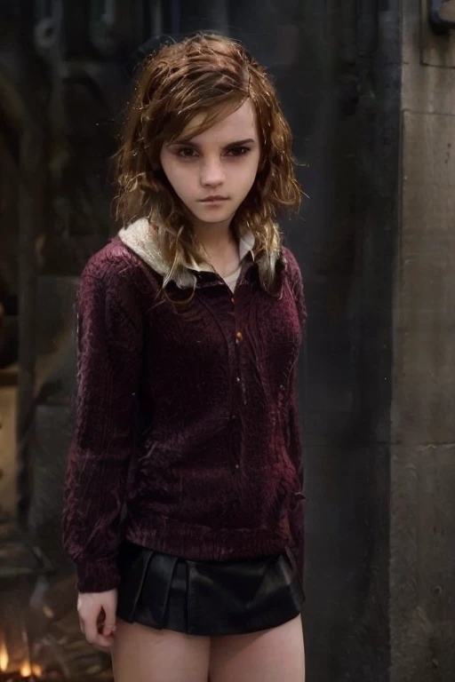 Emma Watson, Hermione Granger in Hogwarts, student uniform, plissed grey skirt, upskirt, focus on eyes, expressive eyes, neckline, looking to the viewer, close photography, tight clothes, 